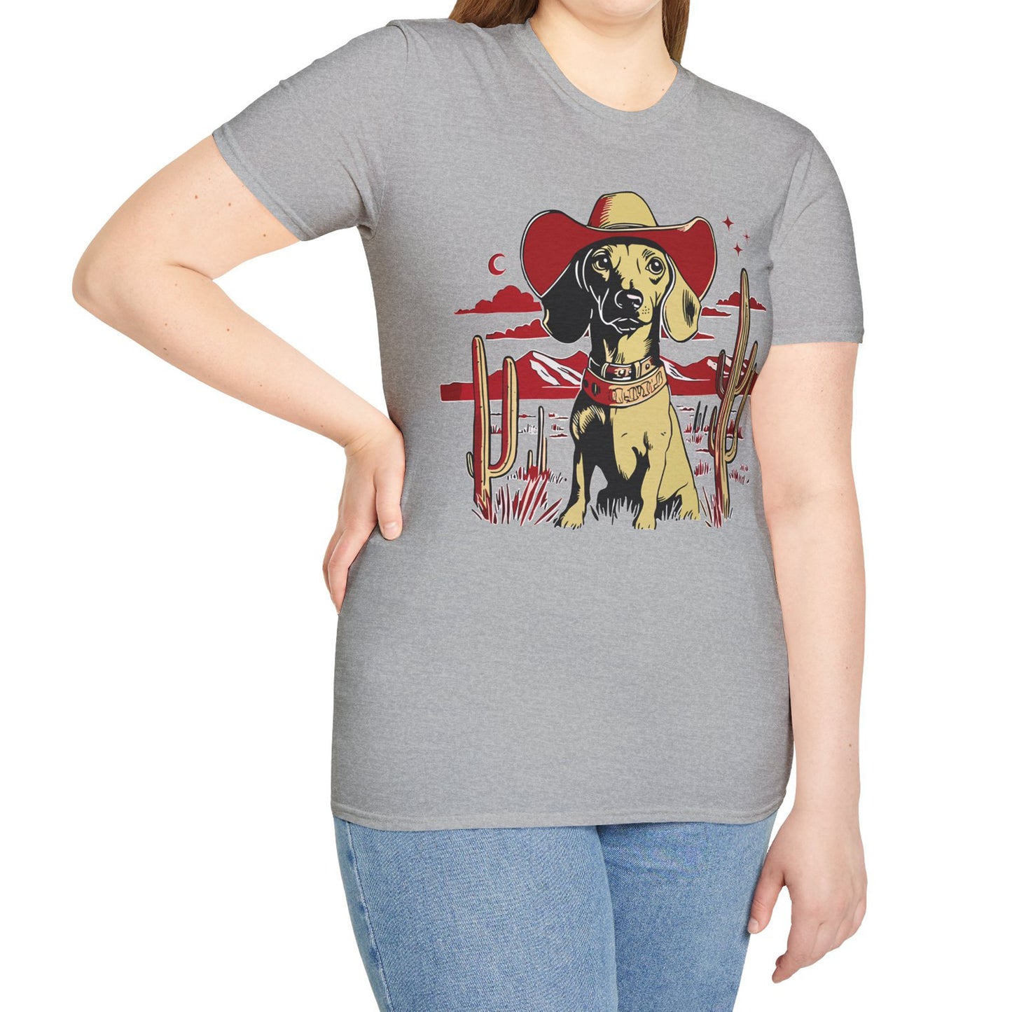 "Space Cowboy" Tan Smooth-Haired Dachshund Unisex Softstyle T-Shirt