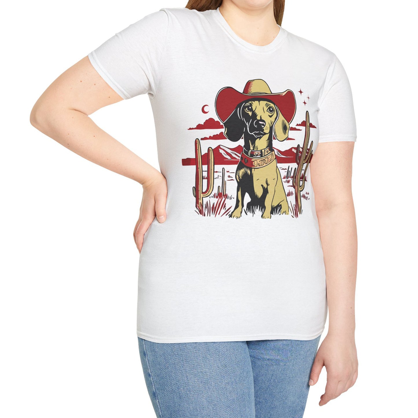 "Space Cowboy" Tan Smooth-Haired Dachshund Unisex Softstyle T-Shirt