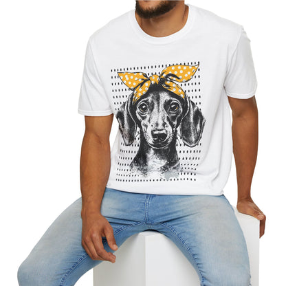 "Let's Polka" Tan Smooth-Haired Dachshund Unisex Softstyle T-Shirt