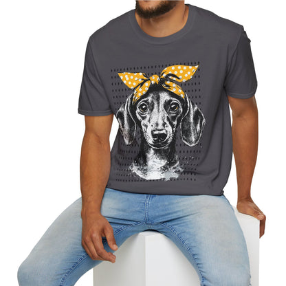 "Let's Polka" Tan Smooth-Haired Dachshund Unisex Softstyle T-Shirt