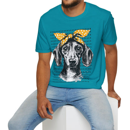 "Let's Polka" Tan Smooth-Haired Dachshund Unisex Softstyle T-Shirt