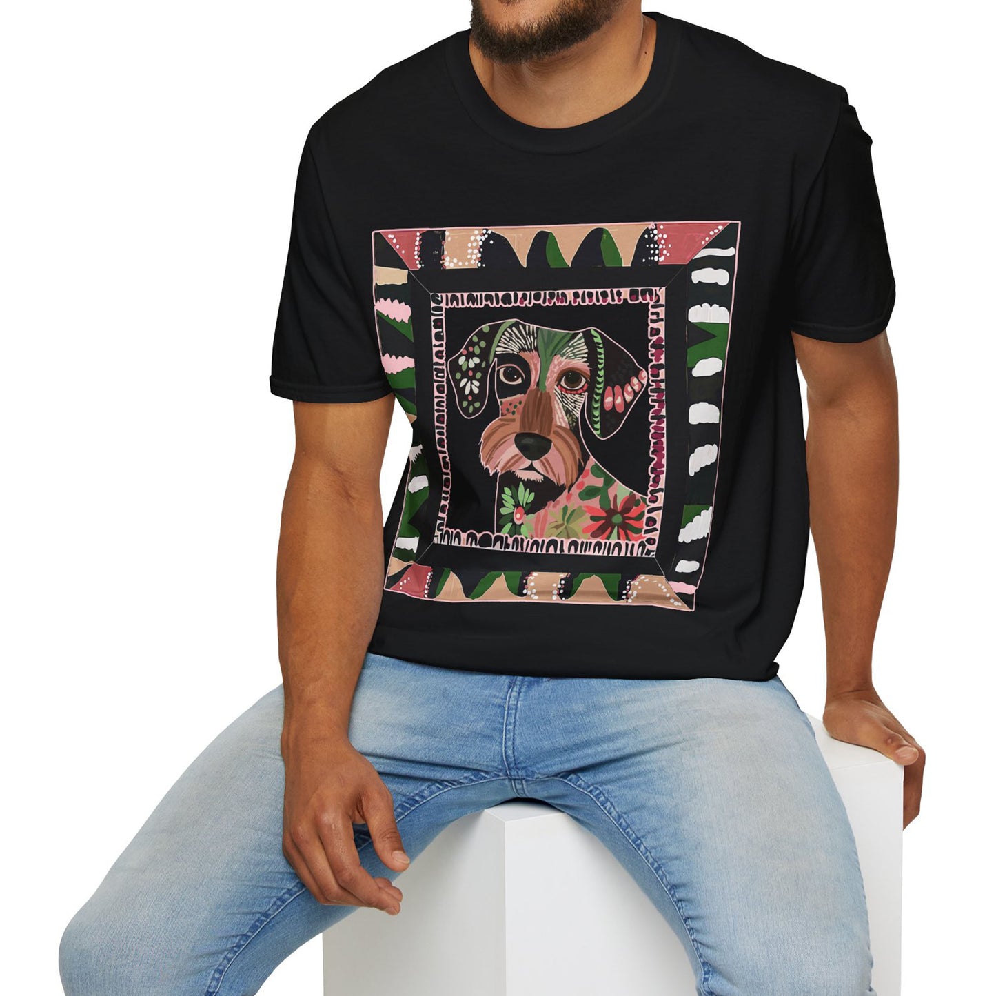 "Wired Wacky Frame" Wire-Haired Dachshund Unisex Softstyle T-Shirt