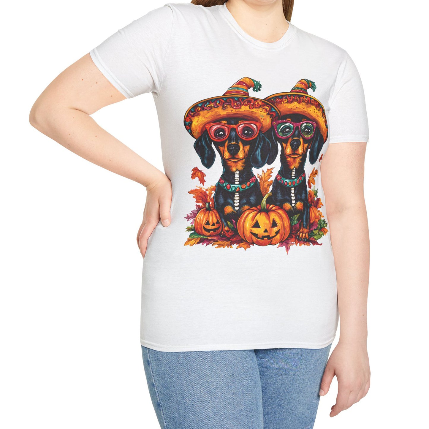 "Fall Fiesta" Black and Tan Smooth-Haired Dachshund Halloween Unisex Softstyle T-Shirt