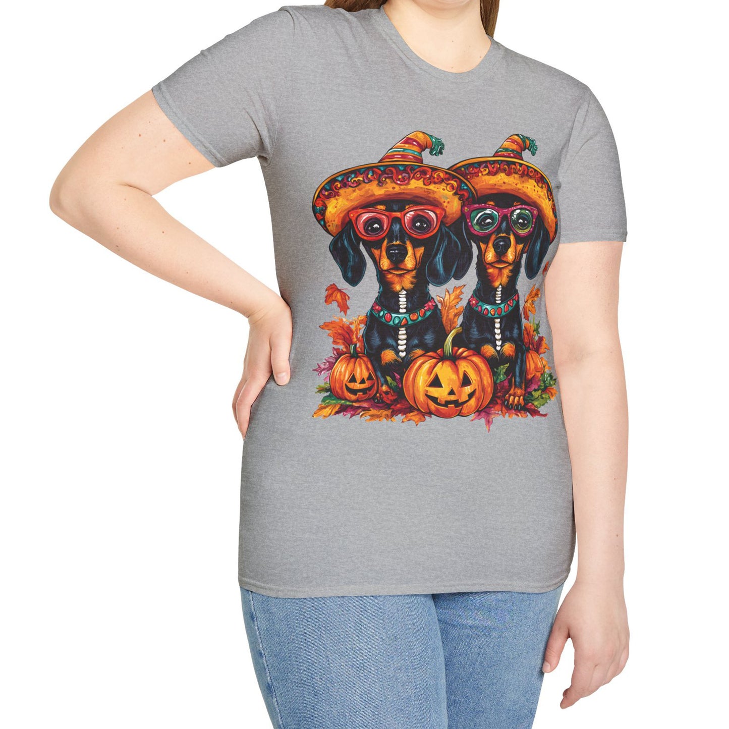 "Fall Fiesta" Black and Tan Smooth-Haired Dachshund Halloween Unisex Softstyle T-Shirt