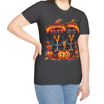 "Fall Fiesta" Black and Tan Smooth-Haired Dachshund Halloween Unisex Softstyle T-Shirt