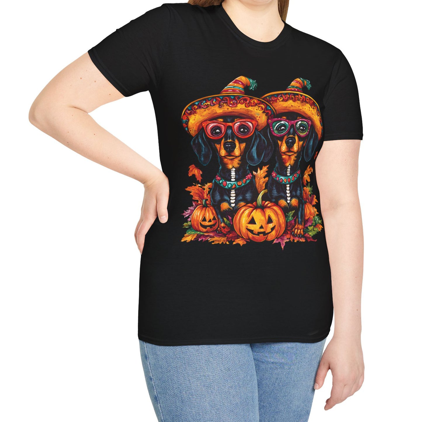 "Fall Fiesta" Black and Tan Smooth-Haired Dachshund Halloween Unisex Softstyle T-Shirt