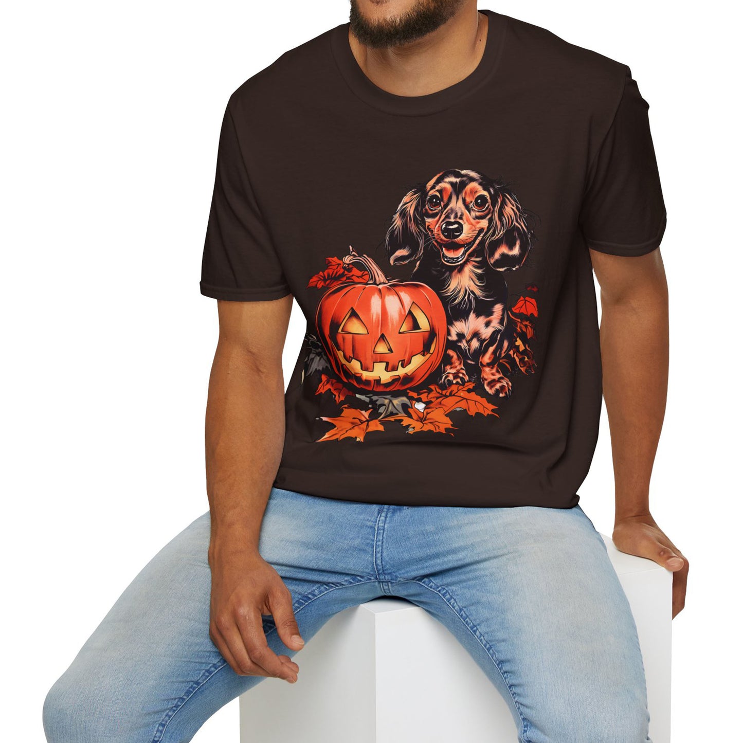 "Chocolate" Long-Haired Dachshund Halloween Unisex Softstyle T-Shirt