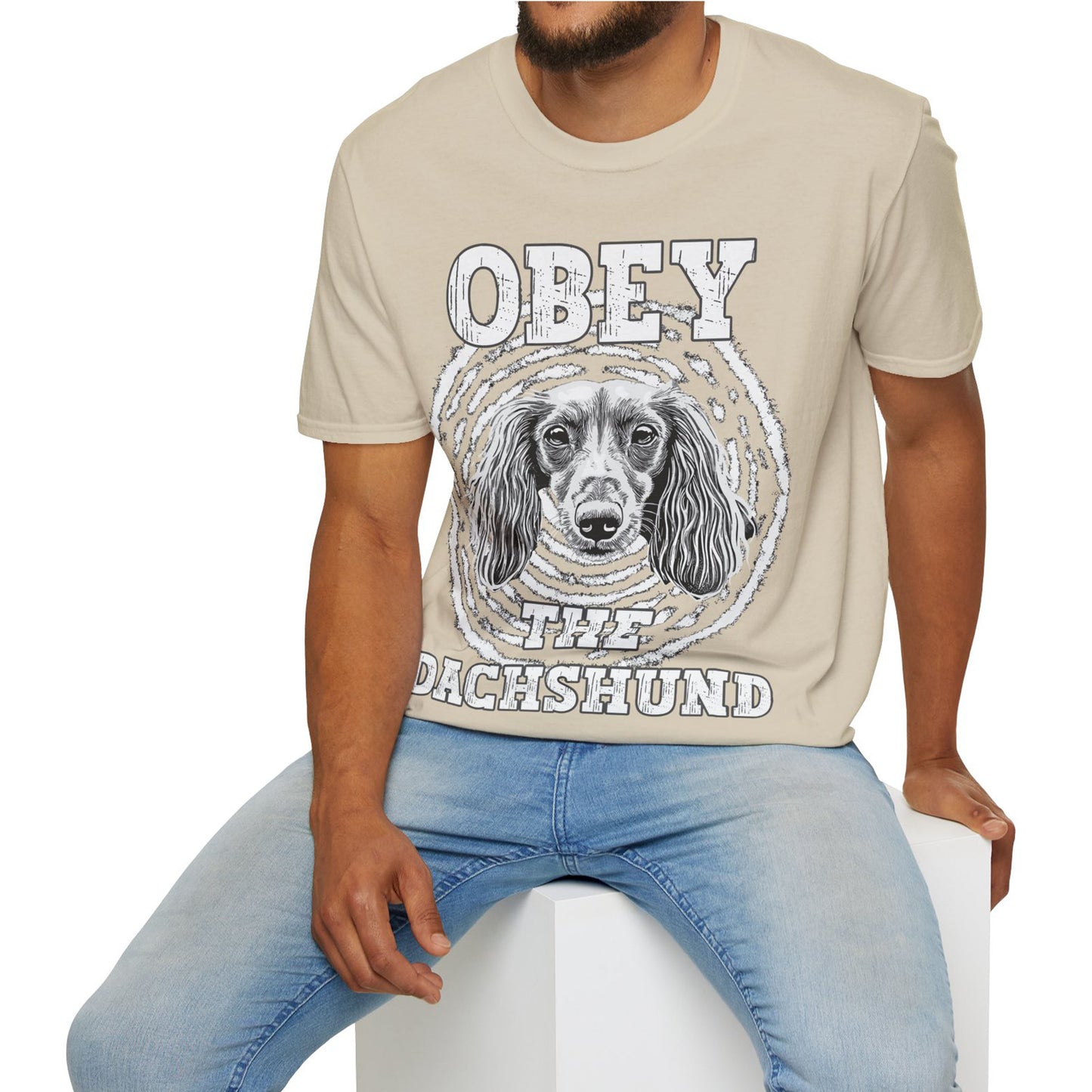 "Obey" Long-Haired Dachshund Unisex Softstyle T-Shirt