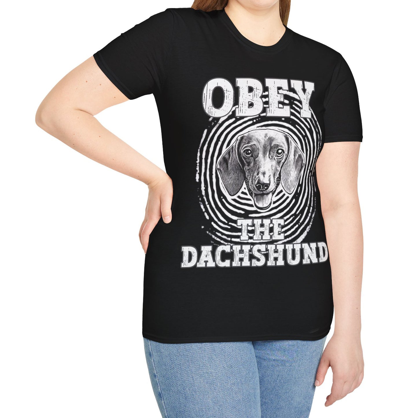 "Obey" Smooth-Haired Dachshund Unisex Softstyle T-Shirt