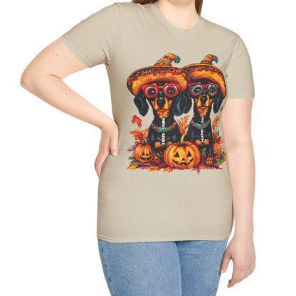 "Fall Fiesta" Black and Tan Smooth-Haired Dachshund Halloween Unisex Softstyle T-Shirt