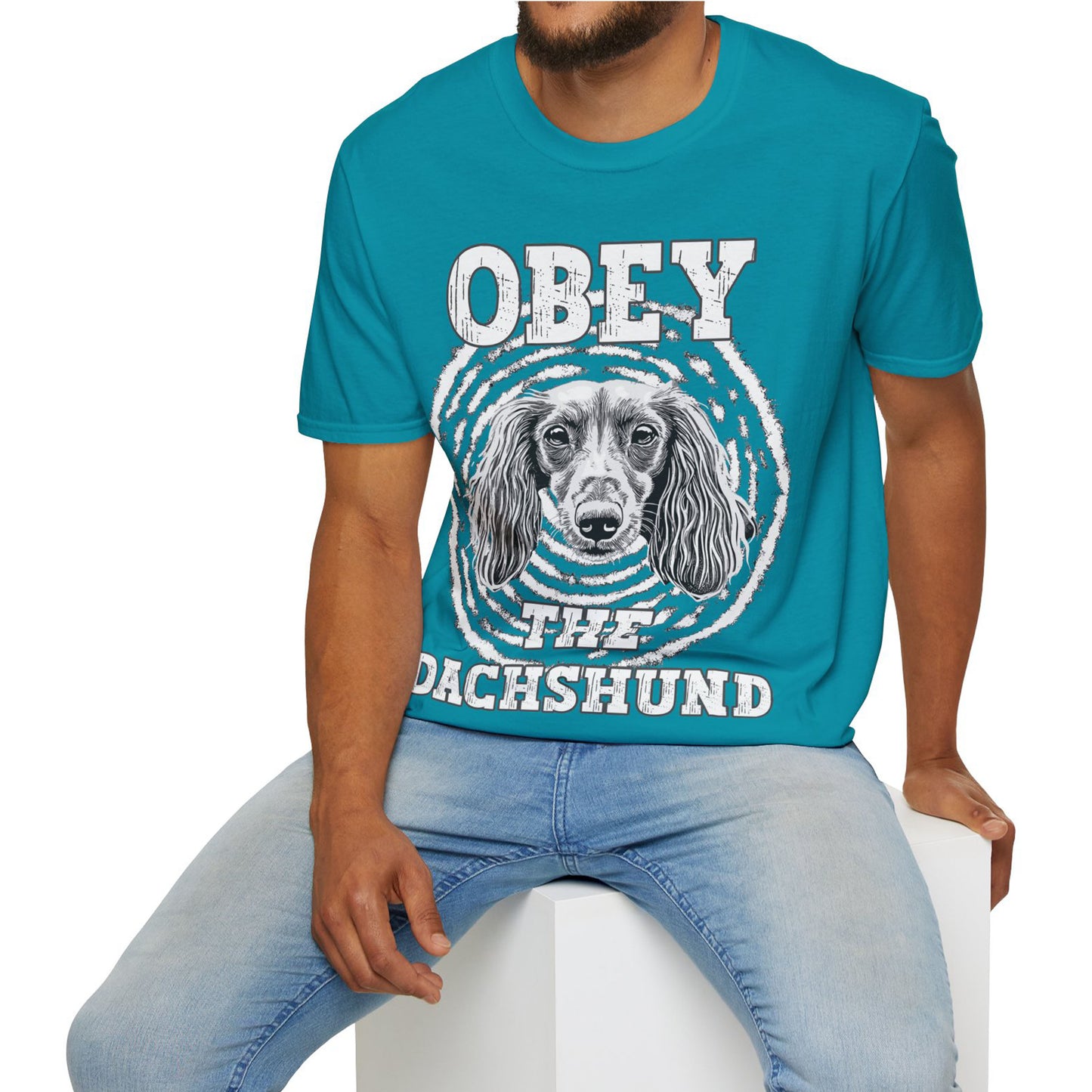 "Obey" Long-Haired Dachshund Unisex Softstyle T-Shirt