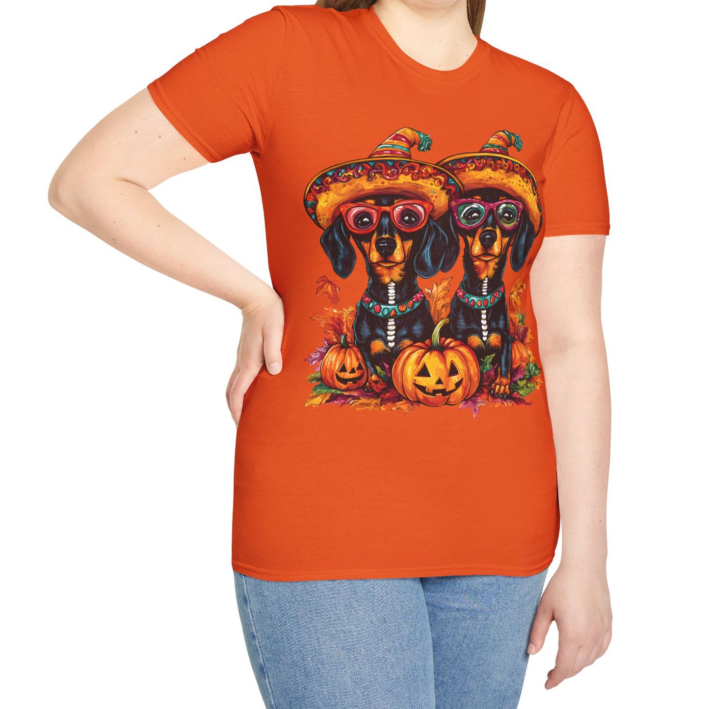 "Fall Fiesta" Black and Tan Smooth-Haired Dachshund Halloween Unisex Softstyle T-Shirt