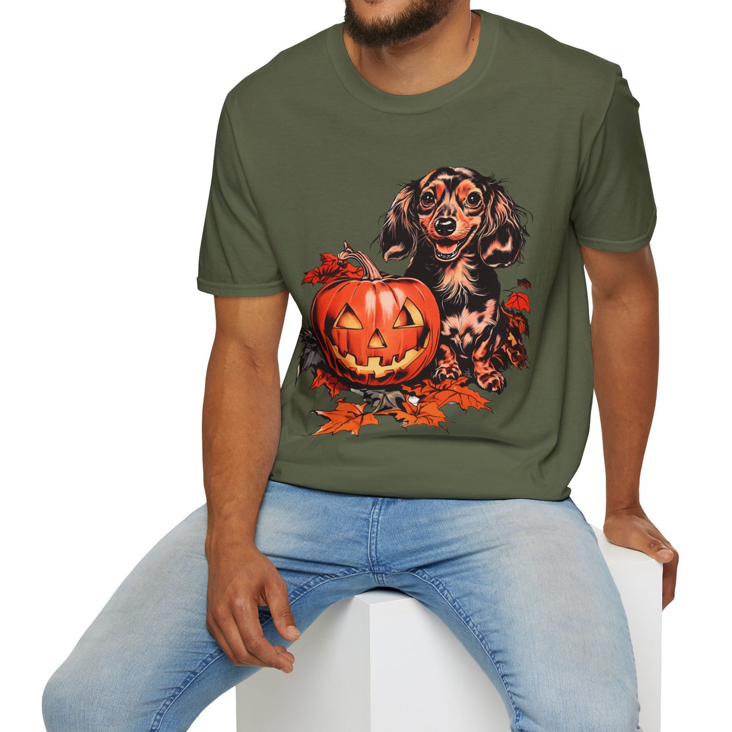 "Chocolate" Long-Haired Dachshund Halloween Unisex Softstyle T-Shirt