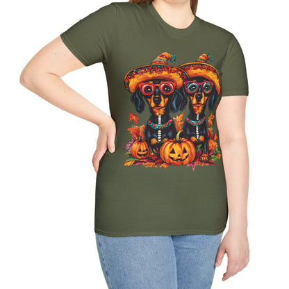 "Fall Fiesta" Black and Tan Smooth-Haired Dachshund Halloween Unisex Softstyle T-Shirt