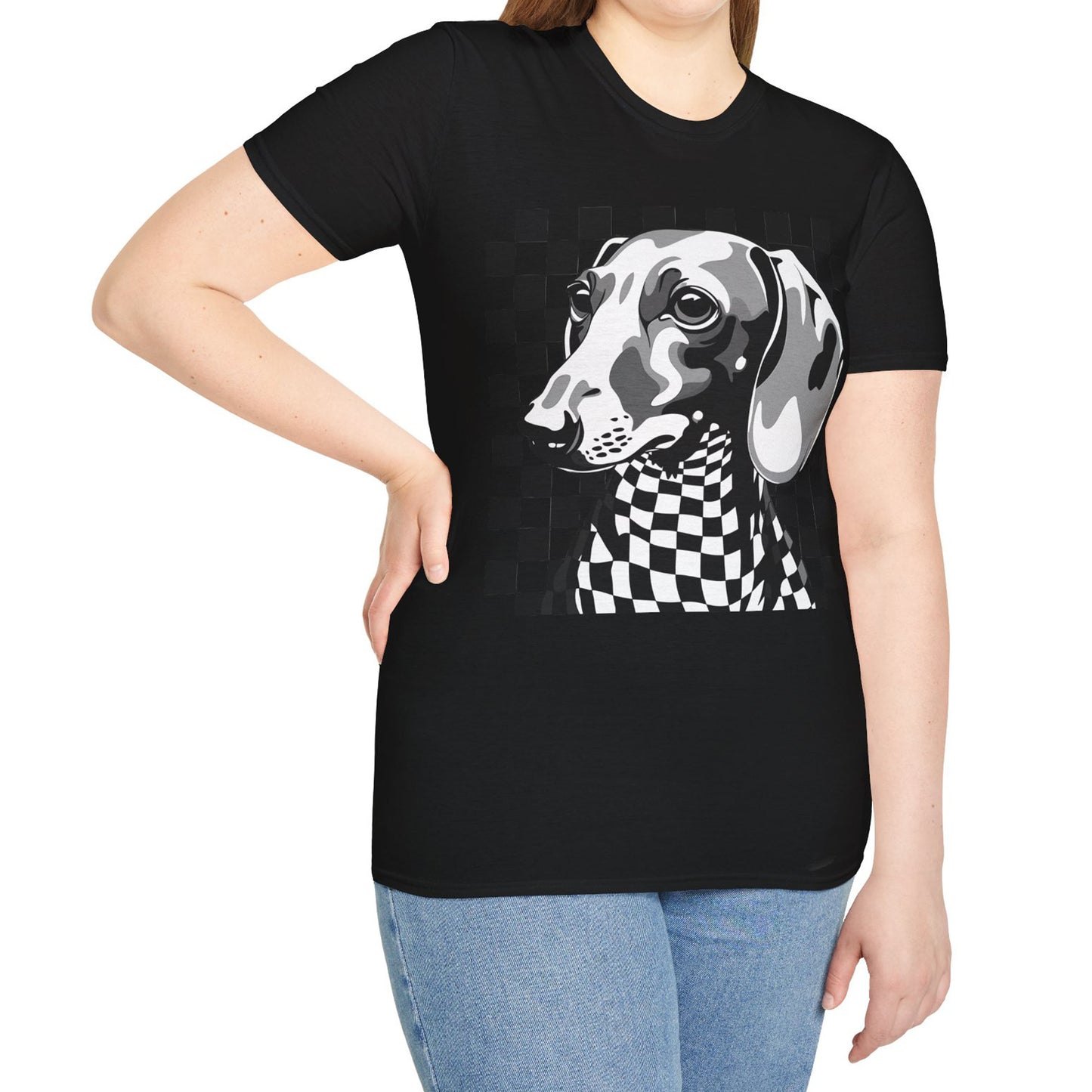 "Check, Please!" Tan Smooth-Haired Dachshund Unisex Softstyle T-Shirt