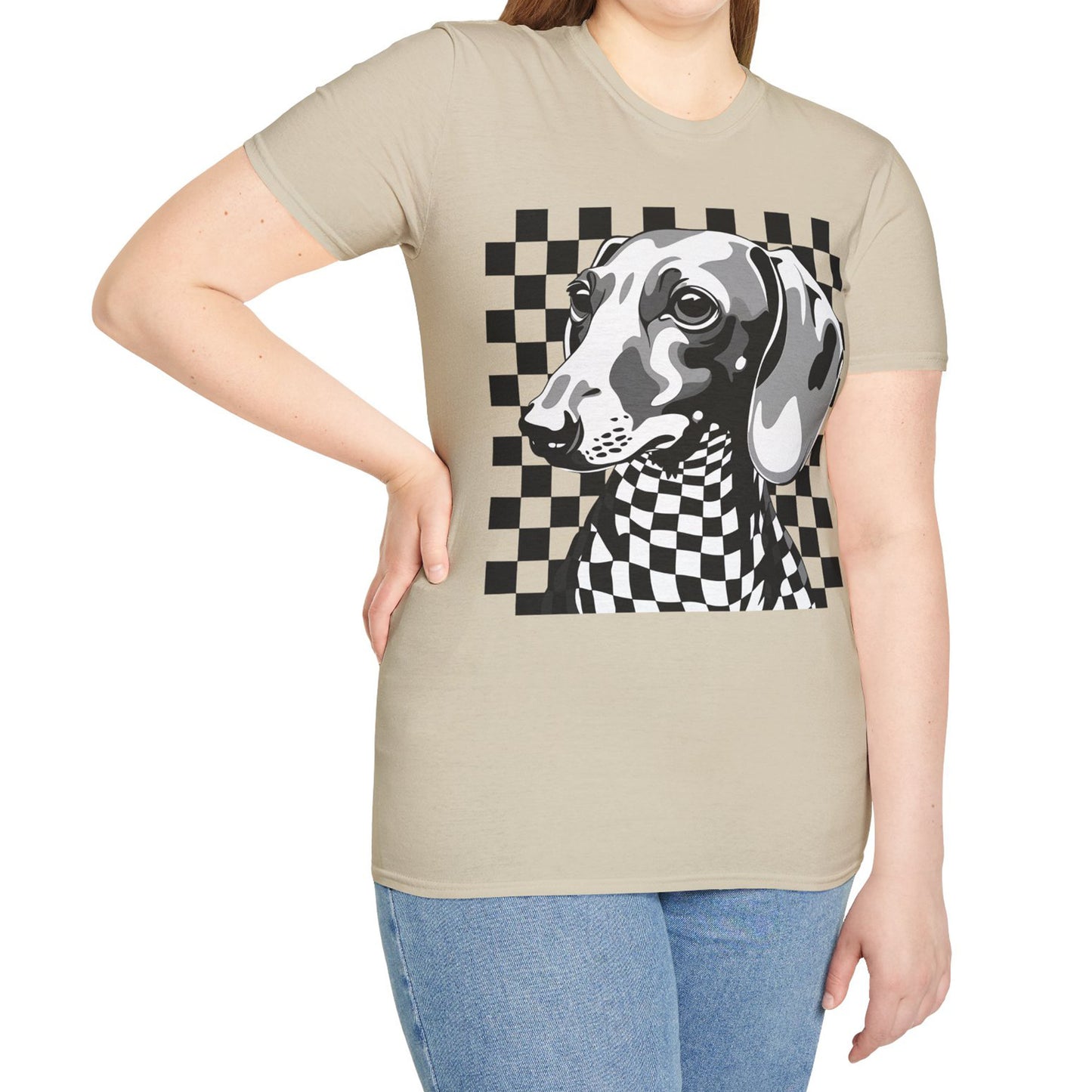 "Check, Please!" Tan Smooth-Haired Dachshund Unisex Softstyle T-Shirt