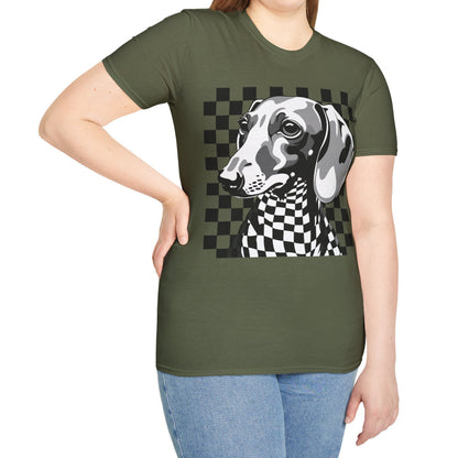 "Check, Please!" Tan Smooth-Haired Dachshund Unisex Softstyle T-Shirt