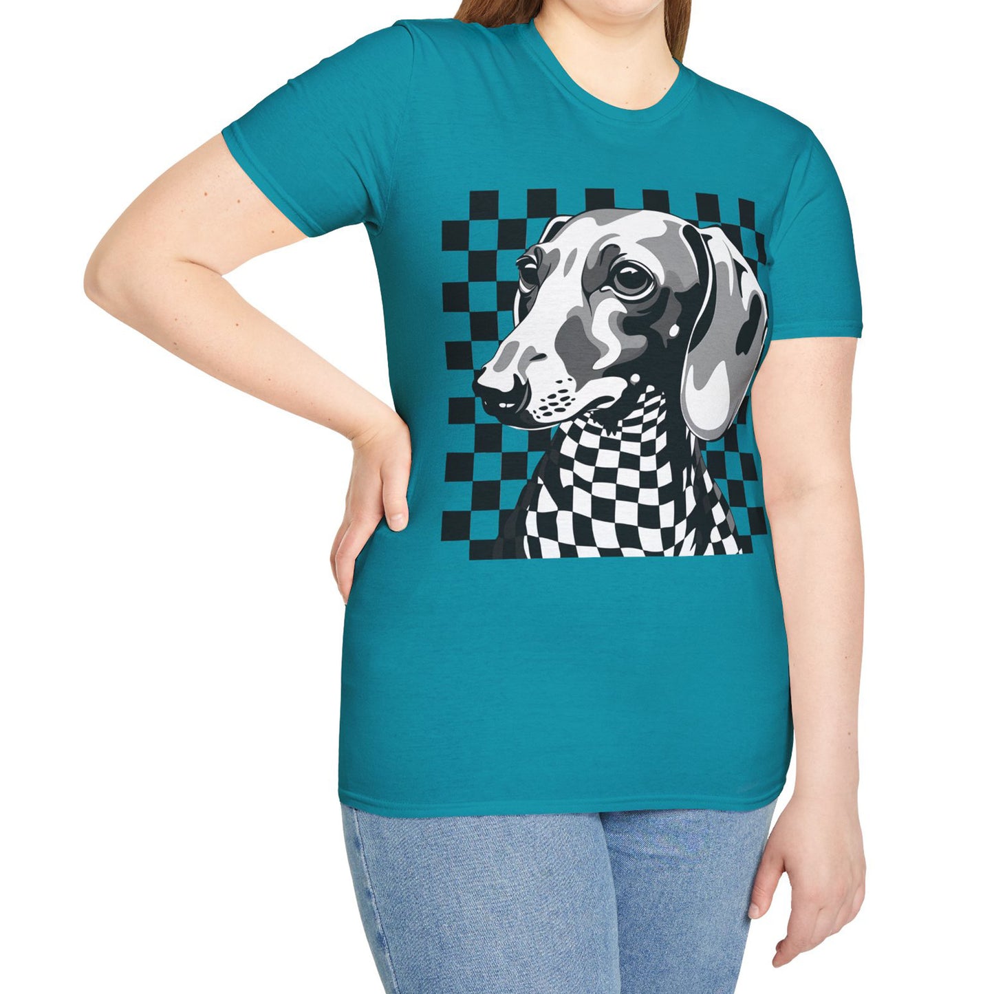 "Check, Please!" Tan Smooth-Haired Dachshund Unisex Softstyle T-Shirt
