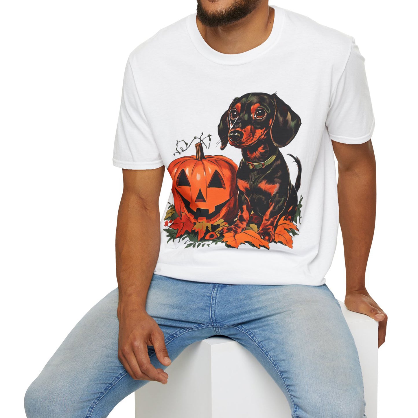 "Season's Greetings" Black and Tan Smooth-Haired Dachshund Halloween Unisex Softstyle T-Shirt
