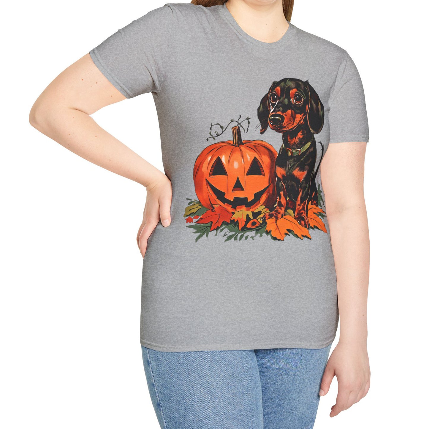 "Season's Greetings" Black and Tan Smooth-Haired Dachshund Halloween Unisex Softstyle T-Shirt
