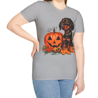 "Season's Greetings" Black and Tan Smooth-Haired Dachshund Halloween Unisex Softstyle T-Shirt