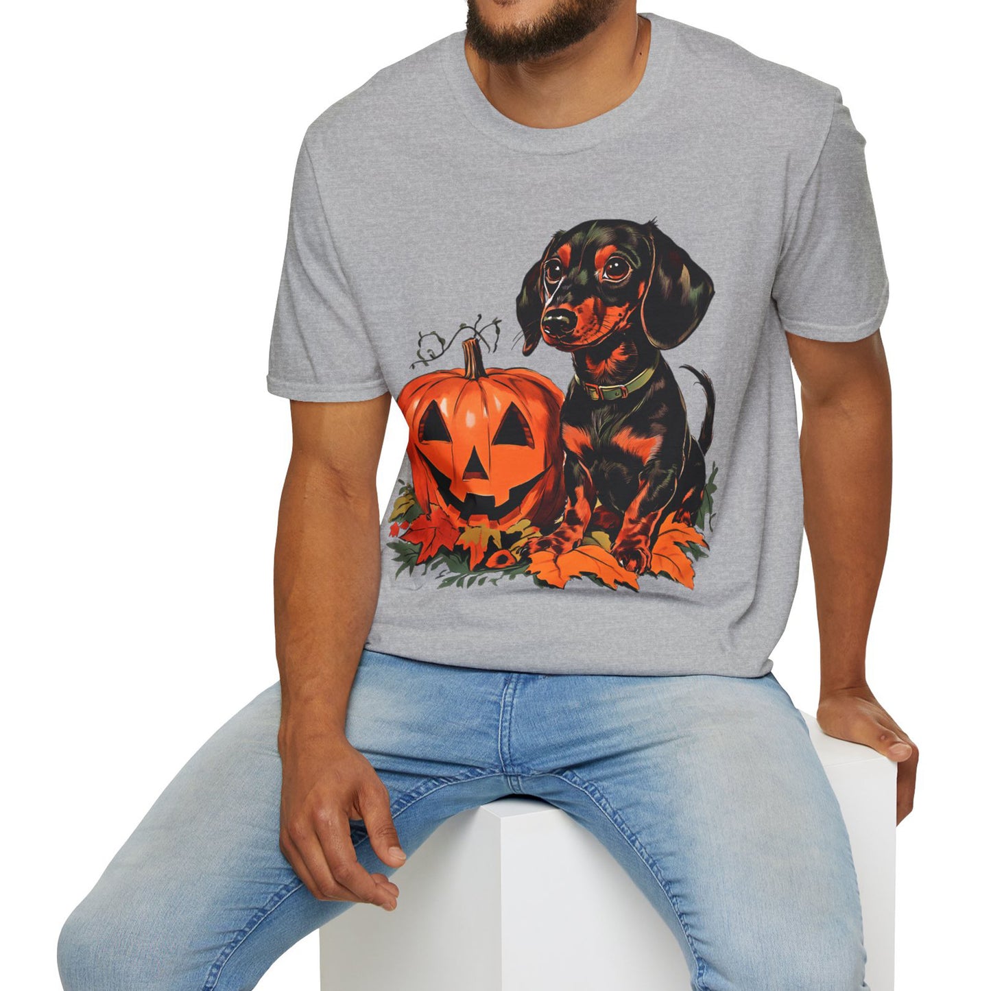 "Season's Greetings" Black and Tan Smooth-Haired Dachshund Halloween Unisex Softstyle T-Shirt