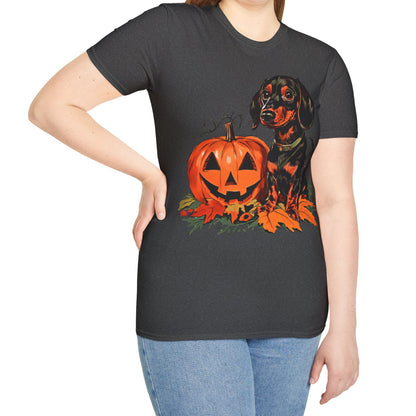 "Season's Greetings" Black and Tan Smooth-Haired Dachshund Halloween Unisex Softstyle T-Shirt