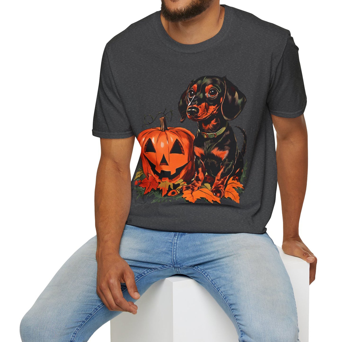 "Season's Greetings" Black and Tan Smooth-Haired Dachshund Halloween Unisex Softstyle T-Shirt