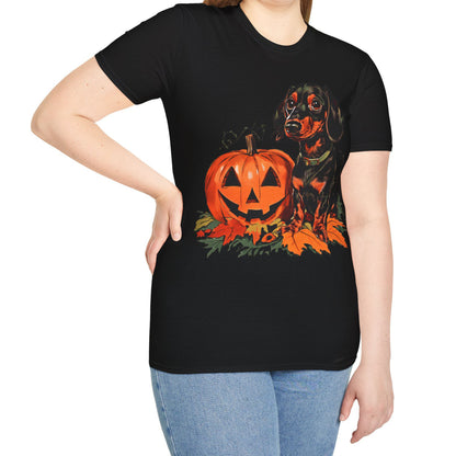 "Season's Greetings" Black and Tan Smooth-Haired Dachshund Halloween Unisex Softstyle T-Shirt