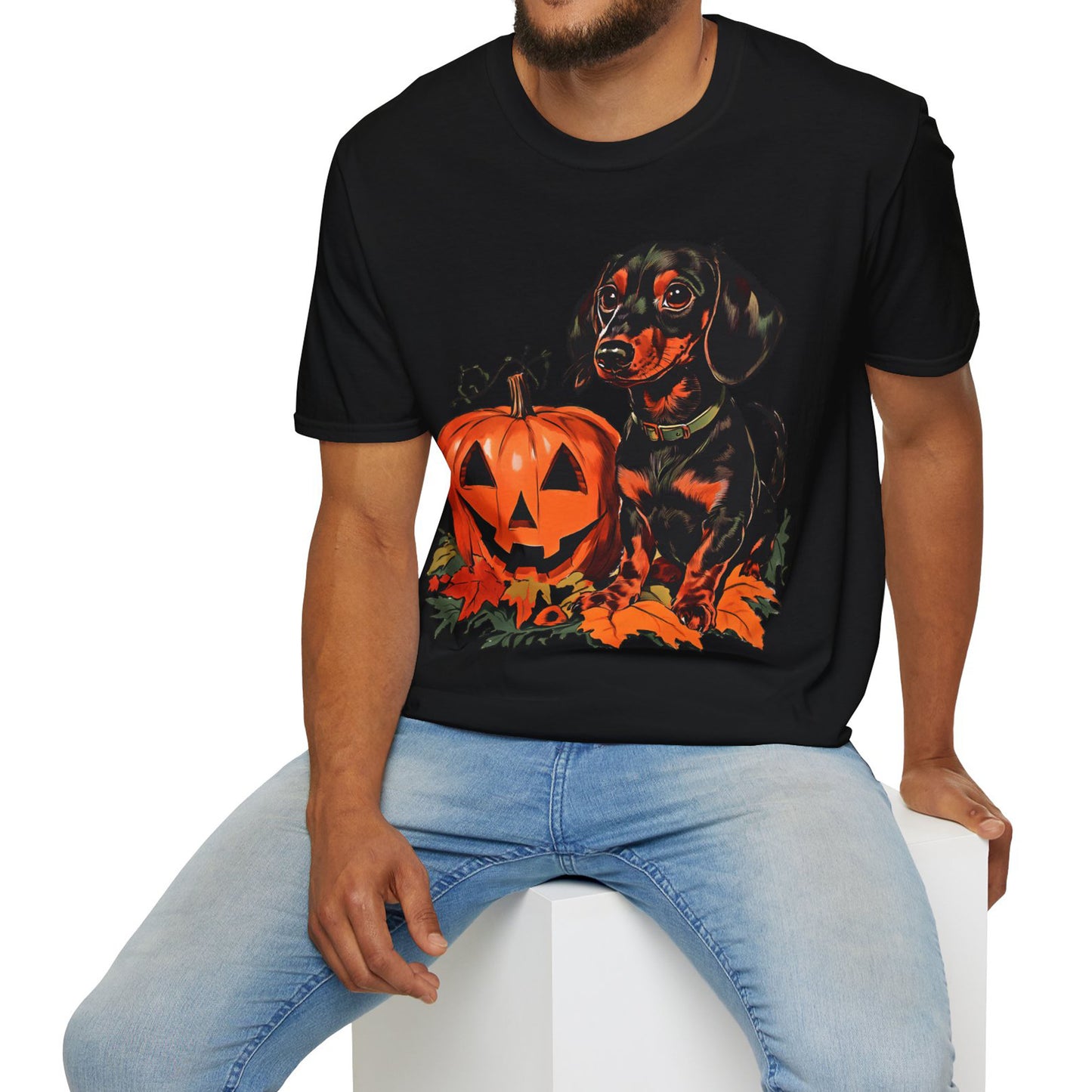 "Season's Greetings" Black and Tan Smooth-Haired Dachshund Halloween Unisex Softstyle T-Shirt