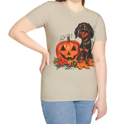 "Season's Greetings" Black and Tan Smooth-Haired Dachshund Halloween Unisex Softstyle T-Shirt