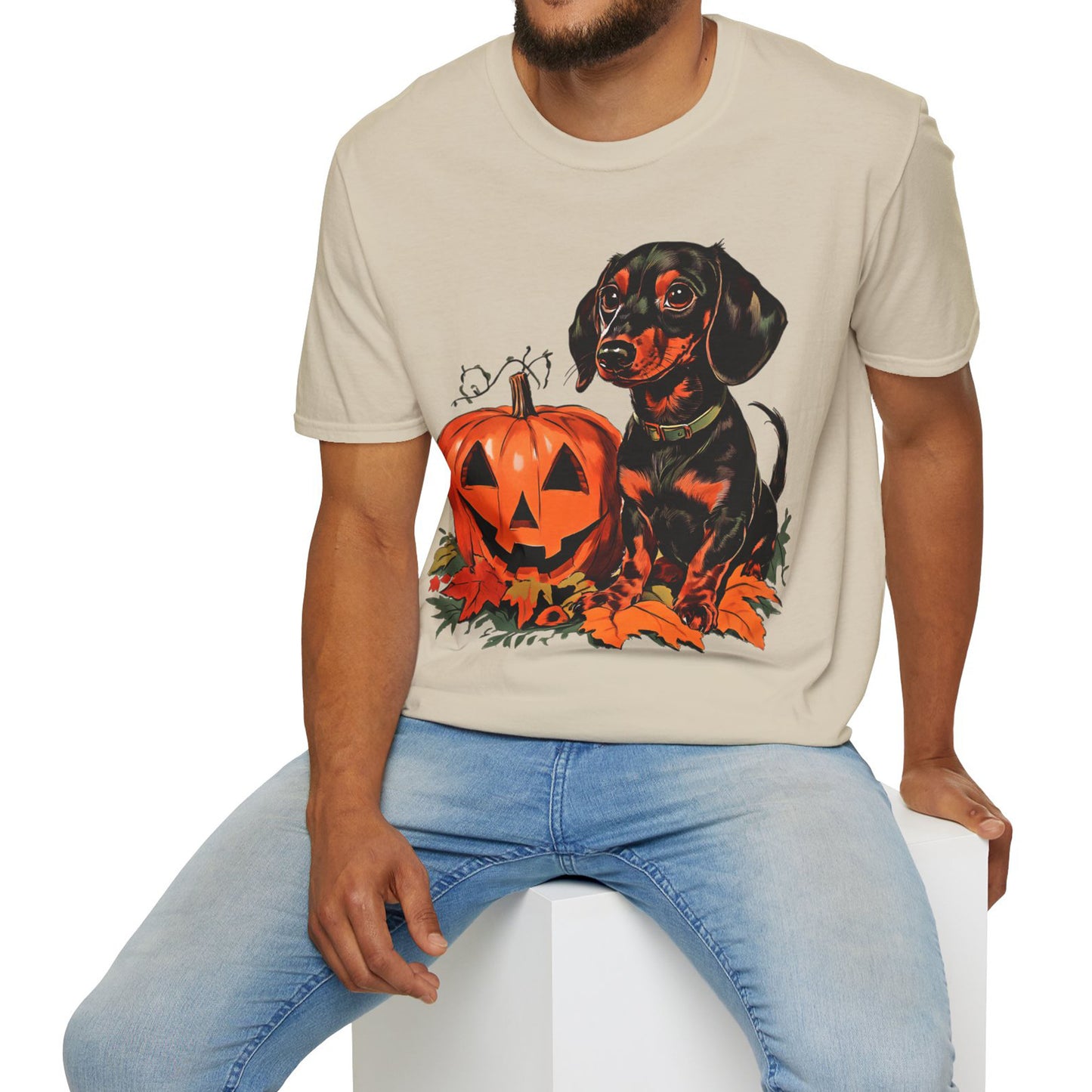 "Season's Greetings" Black and Tan Smooth-Haired Dachshund Halloween Unisex Softstyle T-Shirt