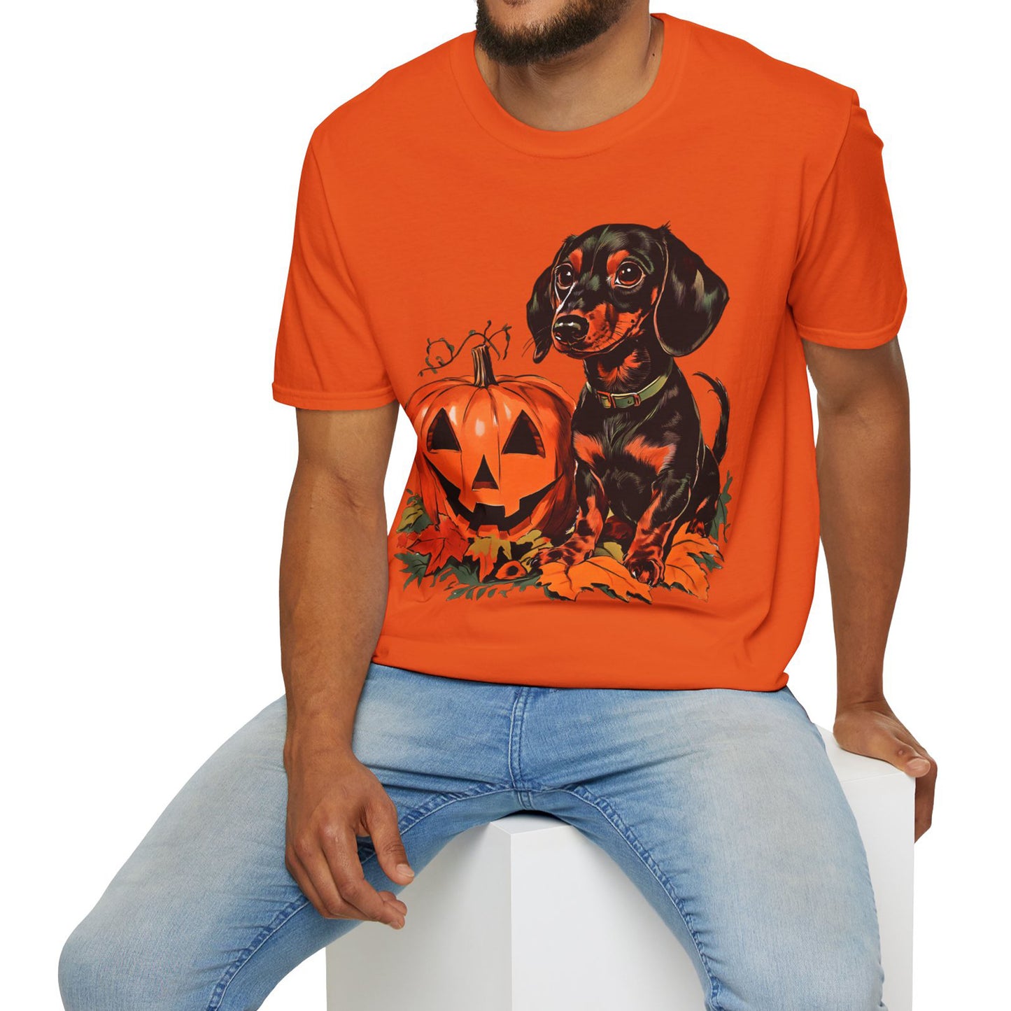 "Season's Greetings" Black and Tan Smooth-Haired Dachshund Halloween Unisex Softstyle T-Shirt