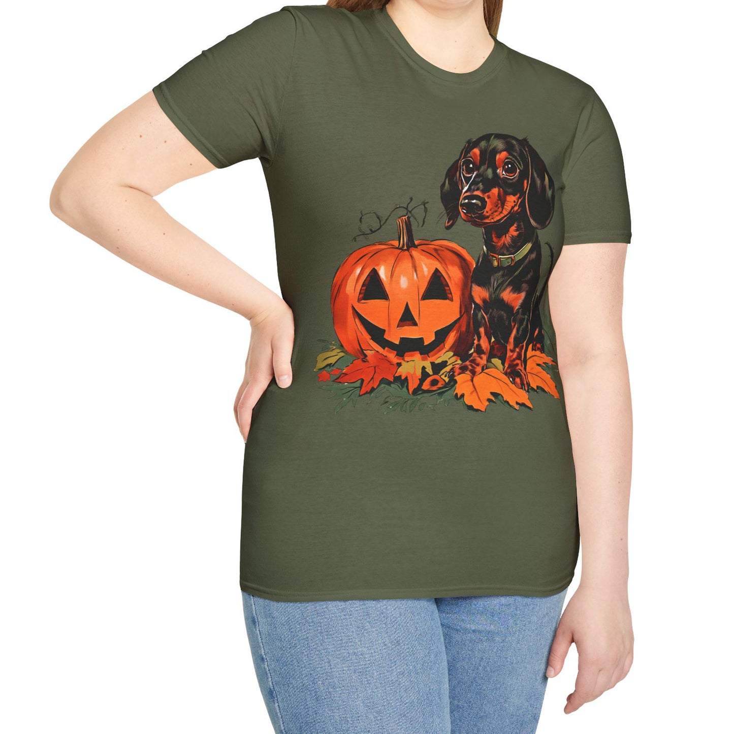 "Season's Greetings" Black and Tan Smooth-Haired Dachshund Halloween Unisex Softstyle T-Shirt