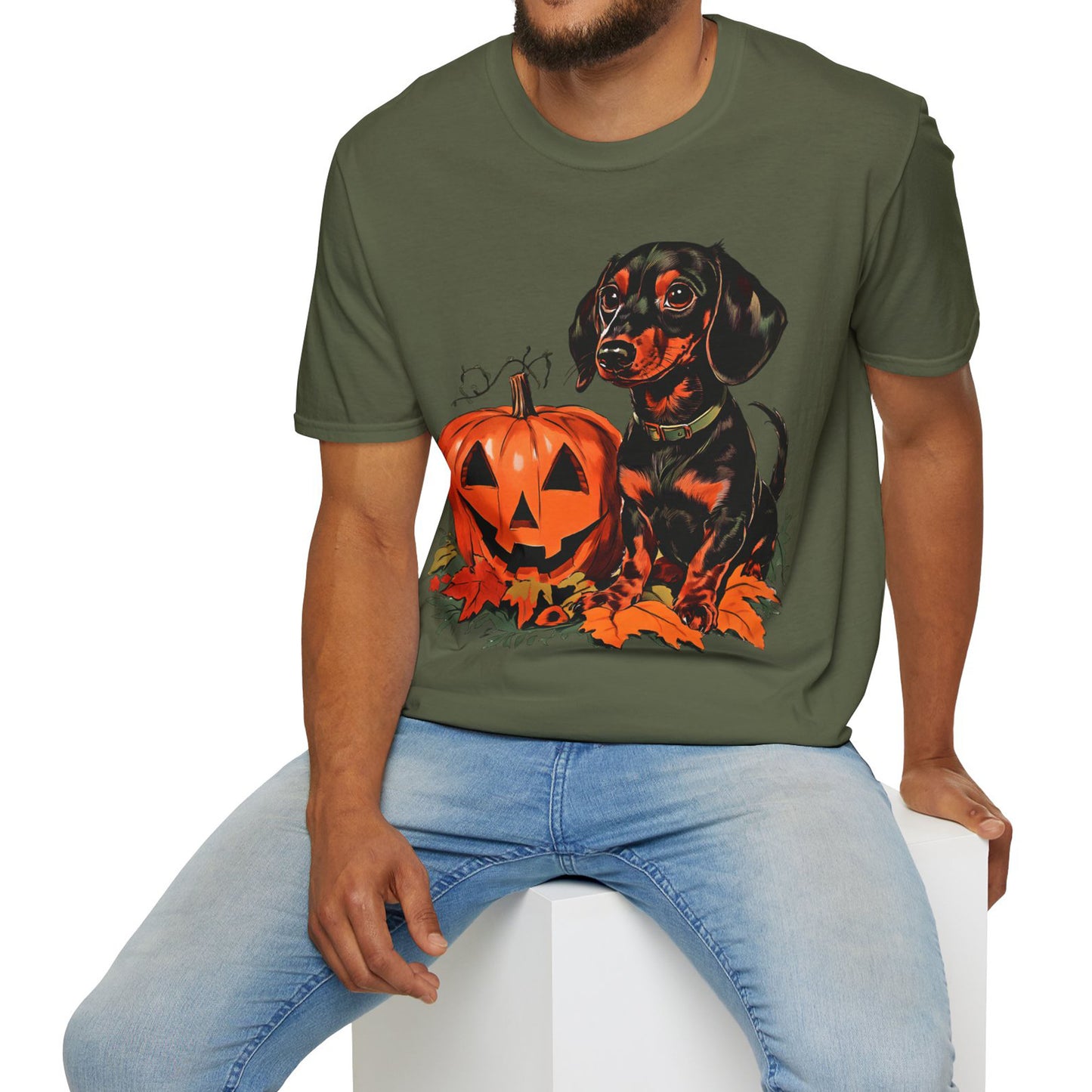 "Season's Greetings" Black and Tan Smooth-Haired Dachshund Halloween Unisex Softstyle T-Shirt