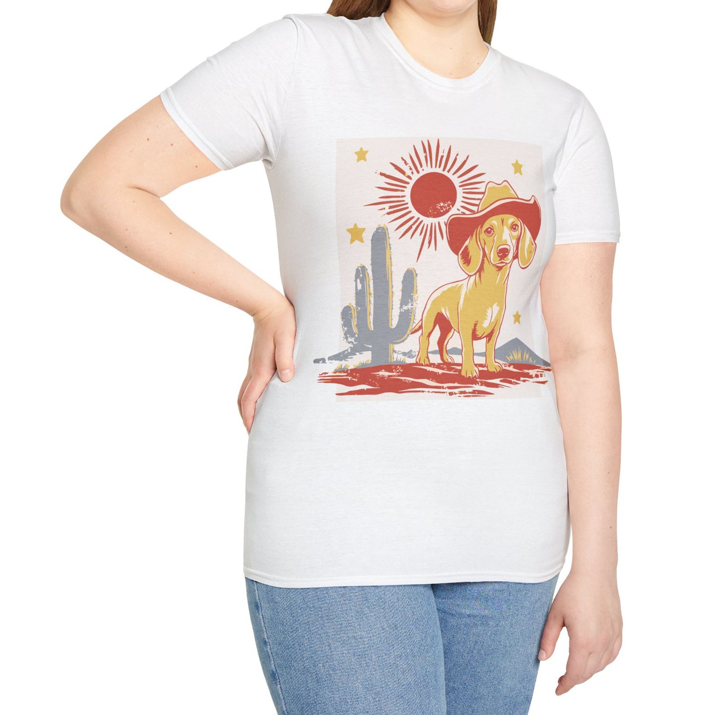 "Sunny Cowboy" Tan Smooth-Haired Dachshund Unisex Softstyle T-Shirt