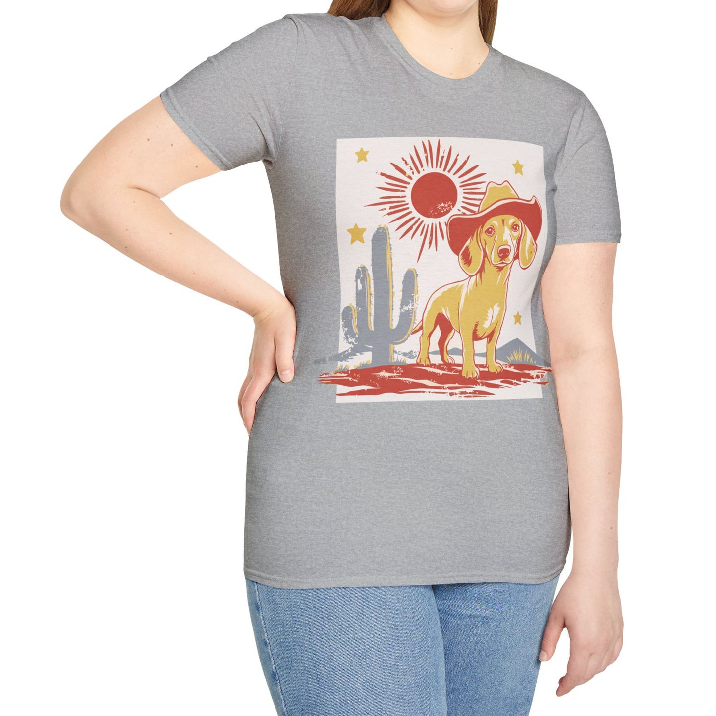"Sunny Cowboy" Tan Smooth-Haired Dachshund Unisex Softstyle T-Shirt