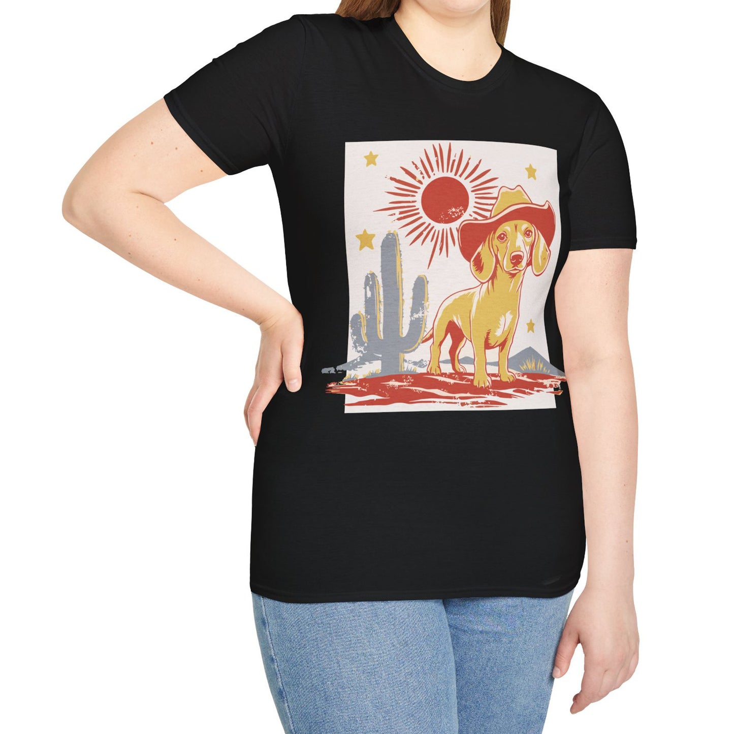 "Sunny Cowboy" Tan Smooth-Haired Dachshund Unisex Softstyle T-Shirt