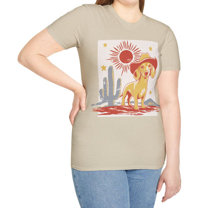 "Sunny Cowboy" Tan Smooth-Haired Dachshund Unisex Softstyle T-Shirt