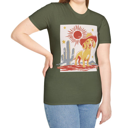 "Sunny Cowboy" Tan Smooth-Haired Dachshund Unisex Softstyle T-Shirt