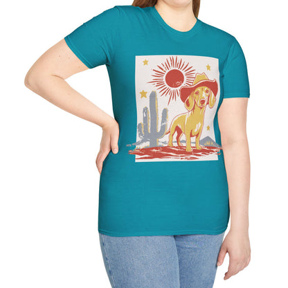 "Sunny Cowboy" Tan Smooth-Haired Dachshund Unisex Softstyle T-Shirt