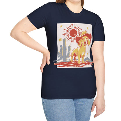 "Sunny Cowboy" Tan Smooth-Haired Dachshund Unisex Softstyle T-Shirt