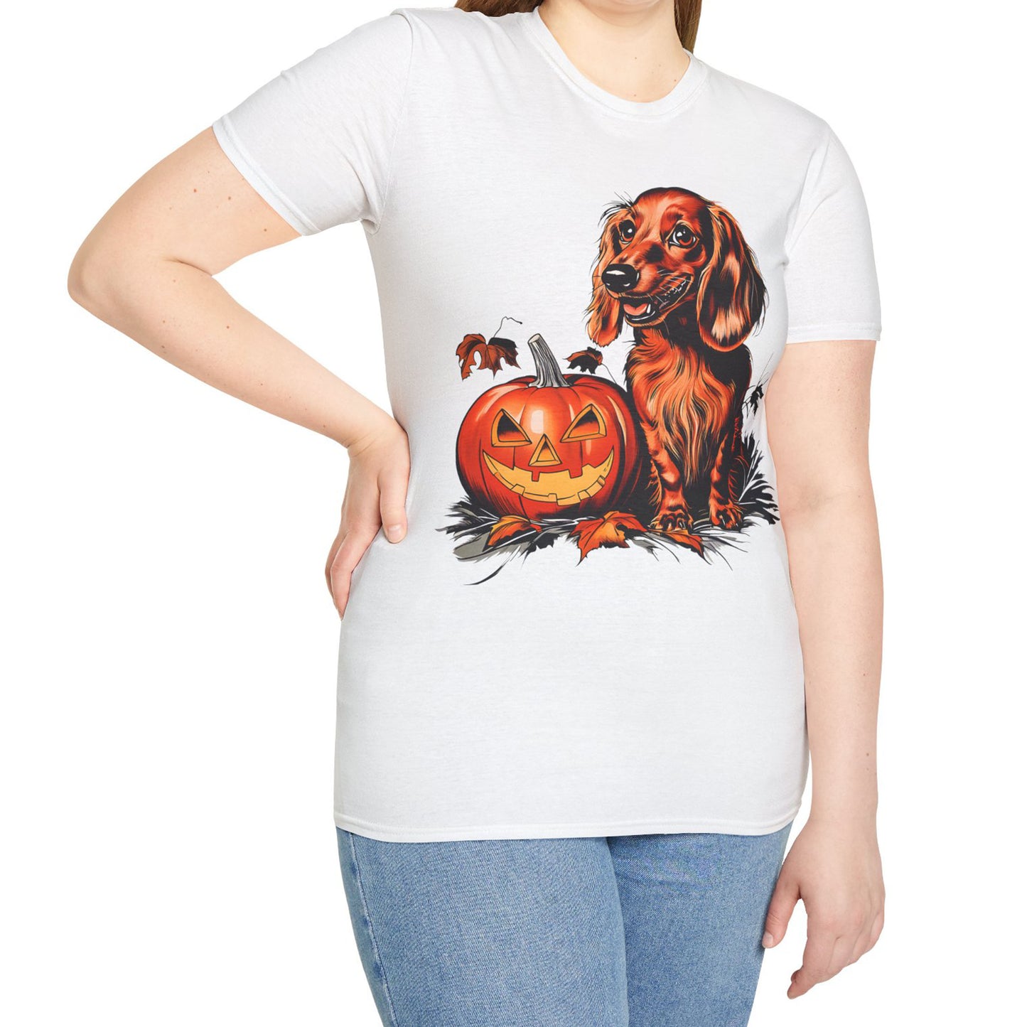 "Red Autumn" Red-Haired Long-Haired Dachshund Halloween Unisex Softstyle T-Shirt