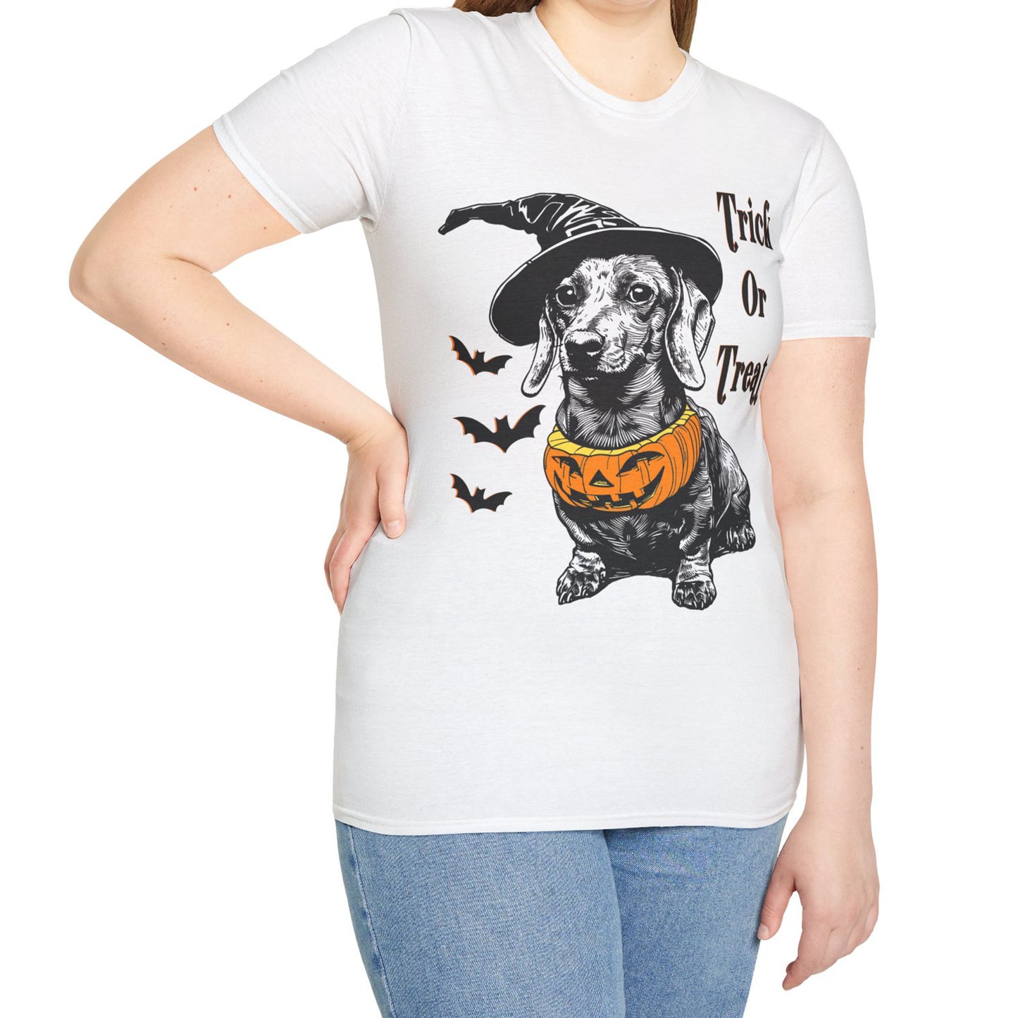 "Trick Or Treat" Smooth-Haired Dachshund Halloween Unisex Softstyle T-Shirt