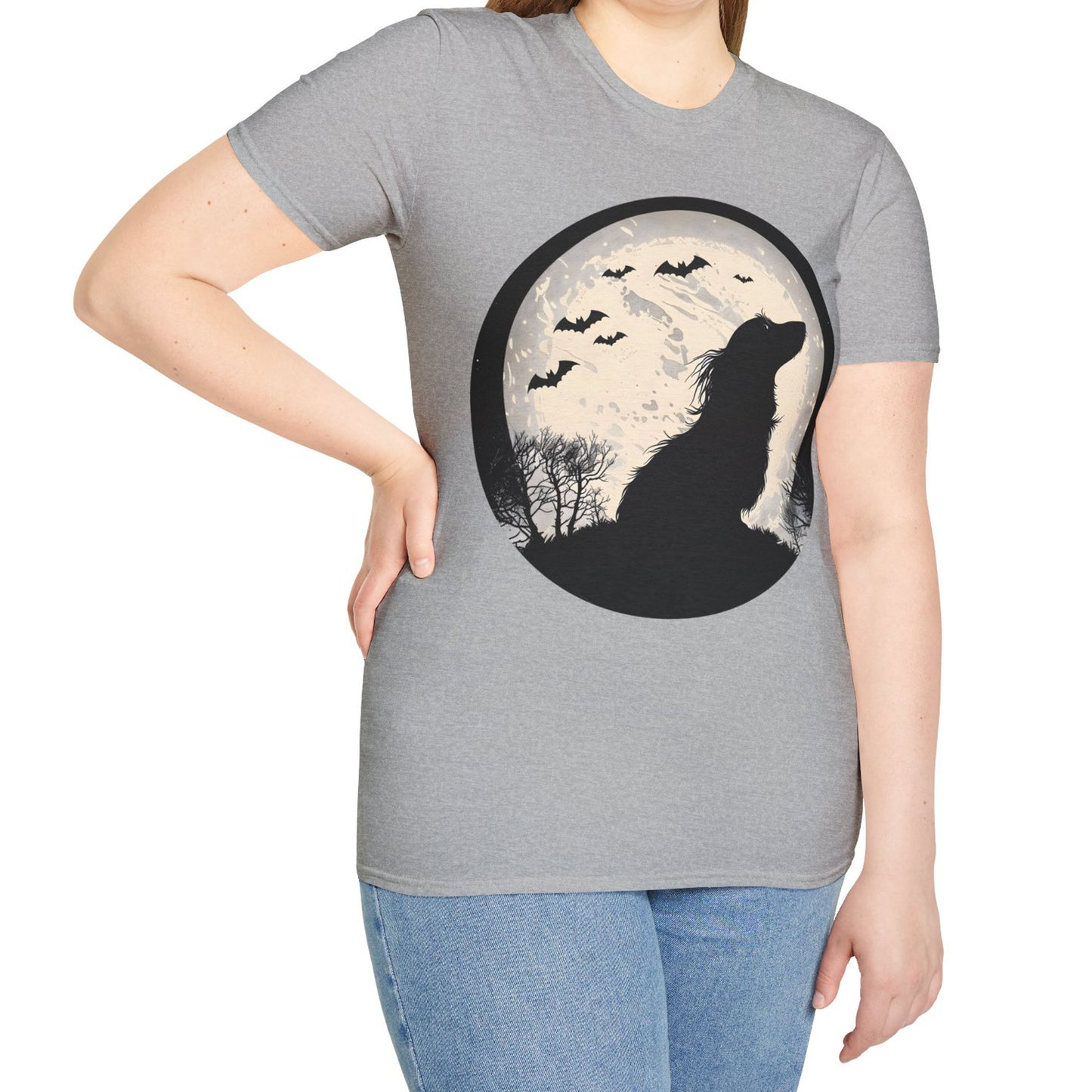 "Moon Glow" Long-Haired Dachshund Halloween Unisex Softstyle T-Shirt