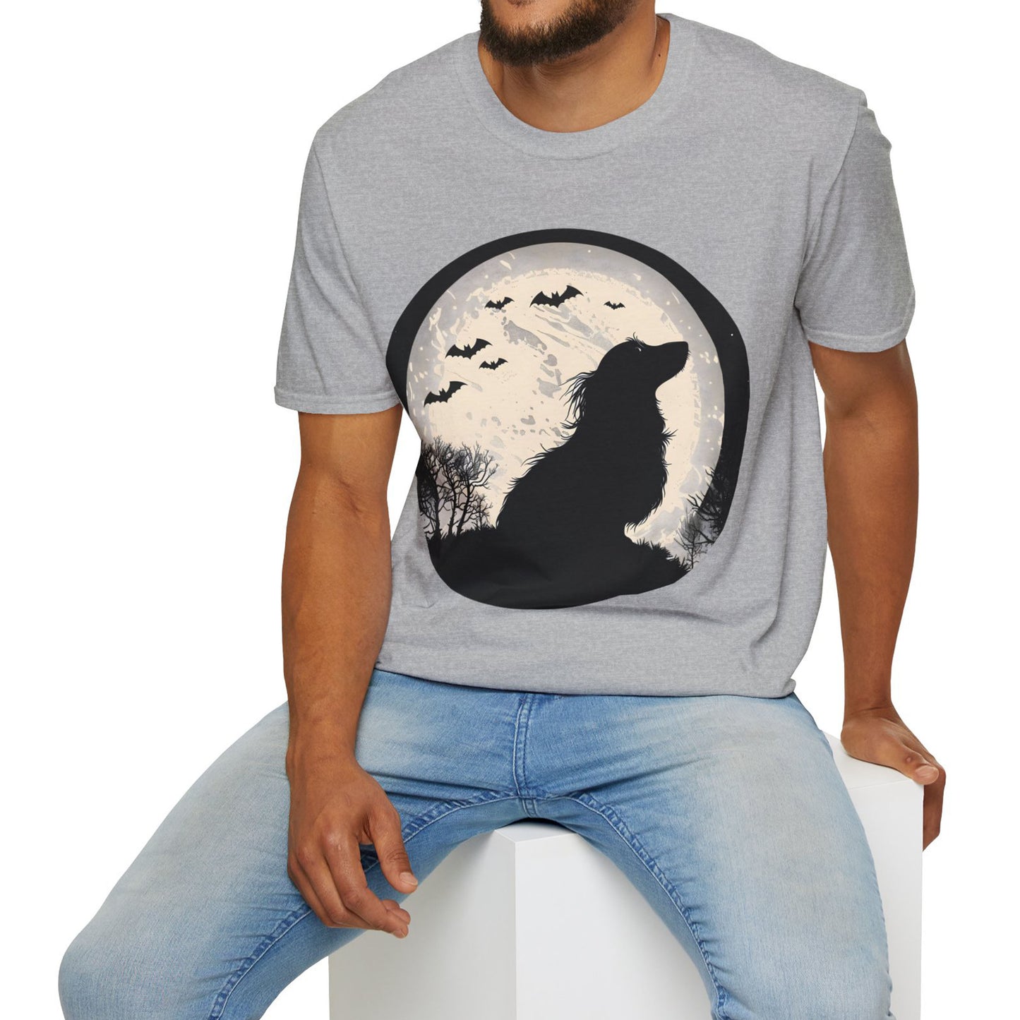 "Moon Glow" Long-Haired Dachshund Halloween Unisex Softstyle T-Shirt