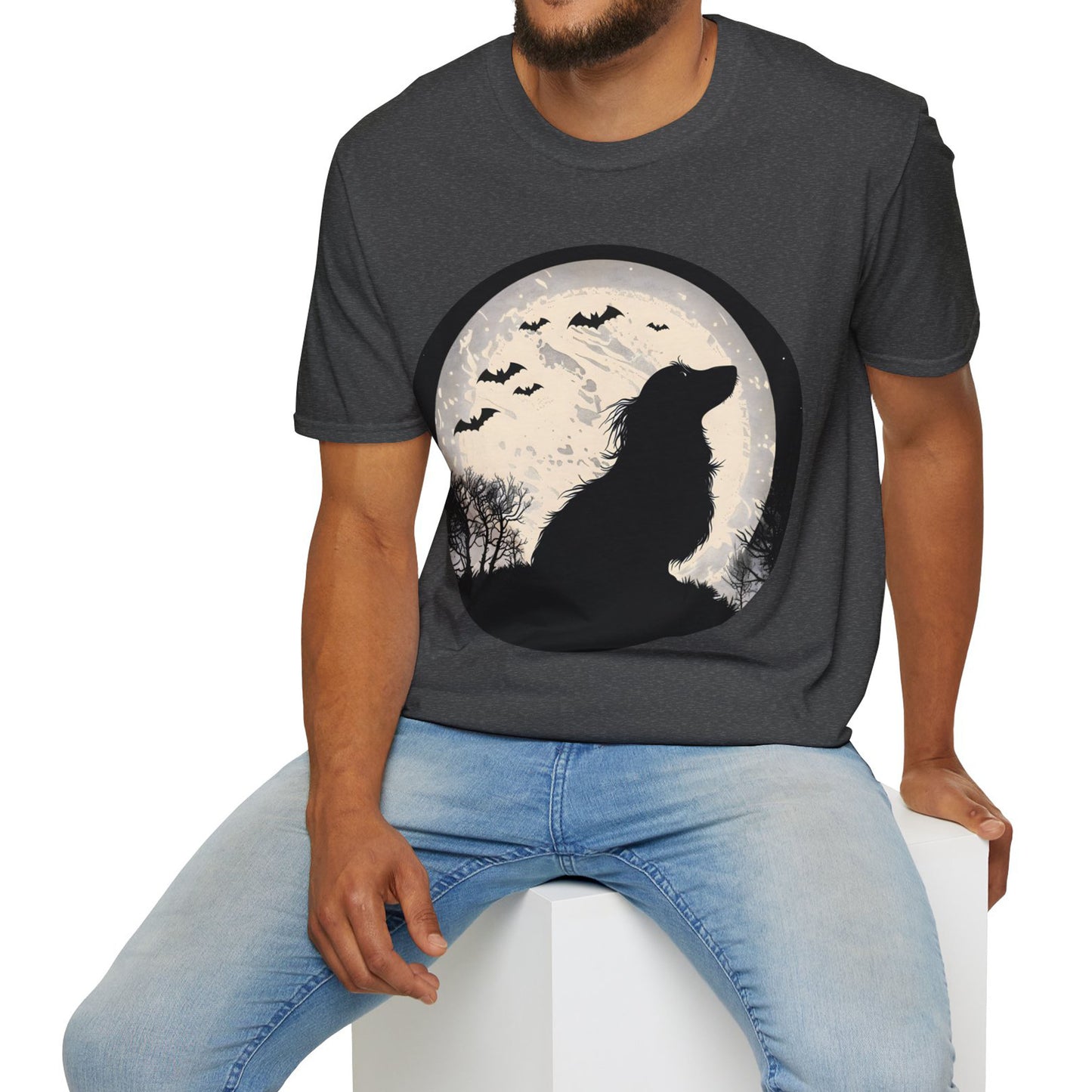"Moon Glow" Long-Haired Dachshund Halloween Unisex Softstyle T-Shirt