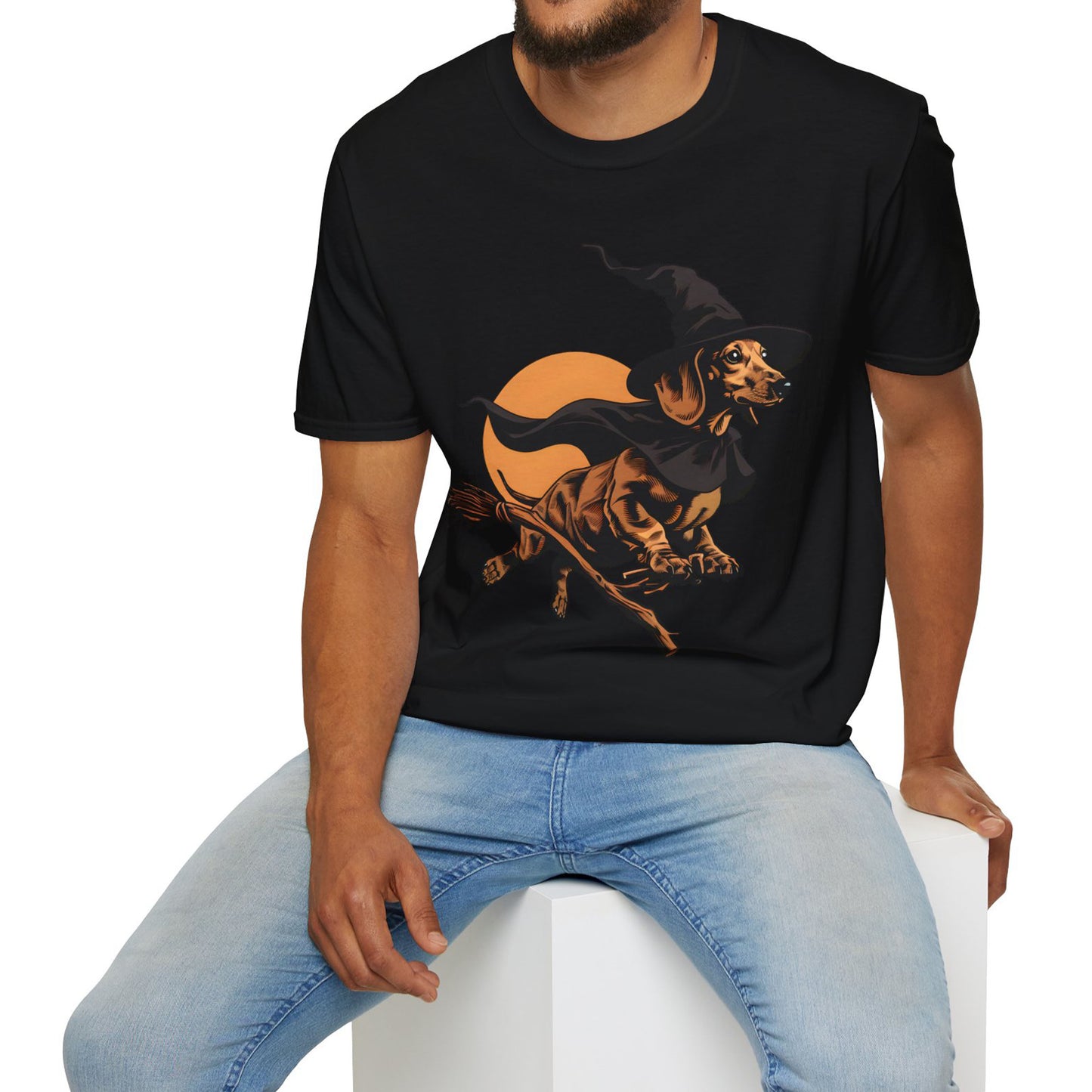 "Take Flight" Tan Smooth-Haired Dachshund Halloween Unisex Softstyle T-Shirt