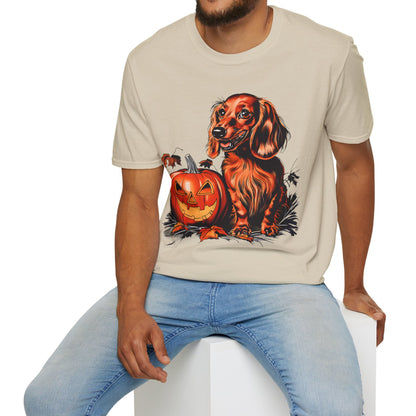 "Red Autumn" Red-Haired Long-Haired Dachshund Halloween Unisex Softstyle T-Shirt