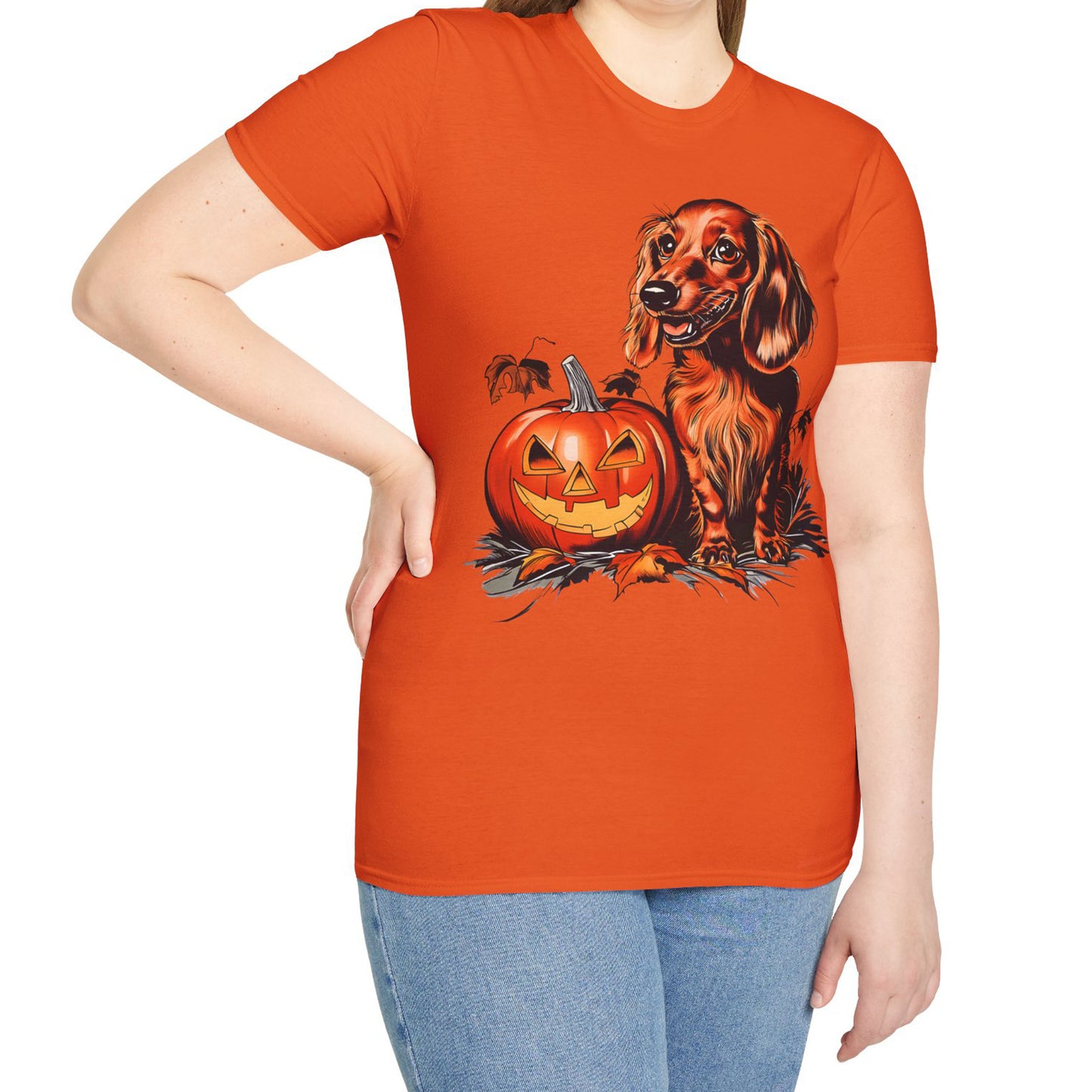 "Red Autumn" Red-Haired Long-Haired Dachshund Halloween Unisex Softstyle T-Shirt
